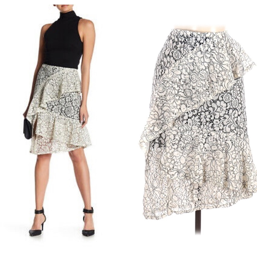 NEW Nanette Lepore Bond St Cannoli Cream Asymmetrical Ruffle Lace Pencil…